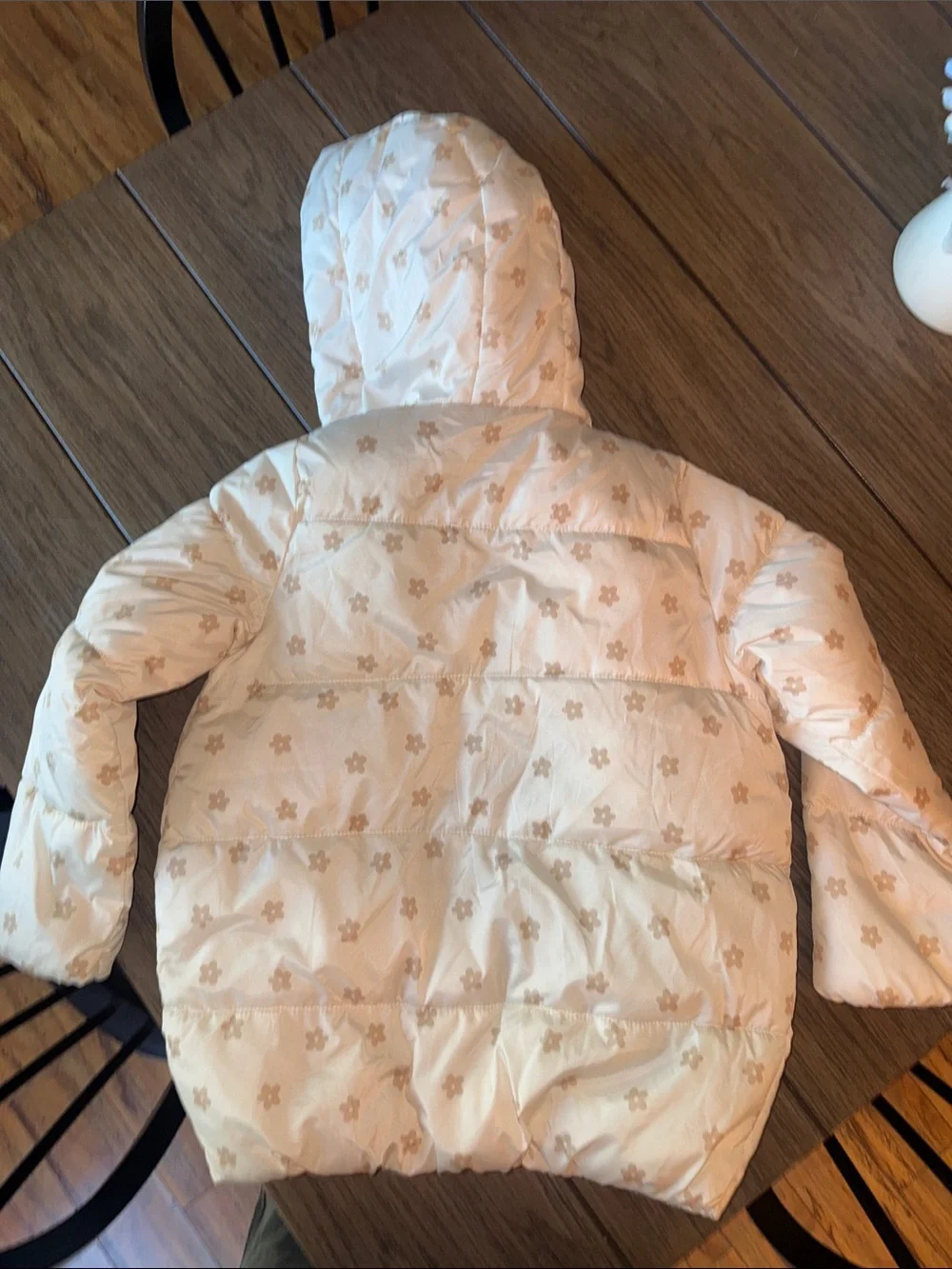 Old Navy Cream Puffer Jacket with Tan Floral Print and Sherpa Hood